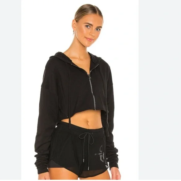 ALO Yoga Extreme Crop Zip Up Hoodie Black - Picture 1 of 13